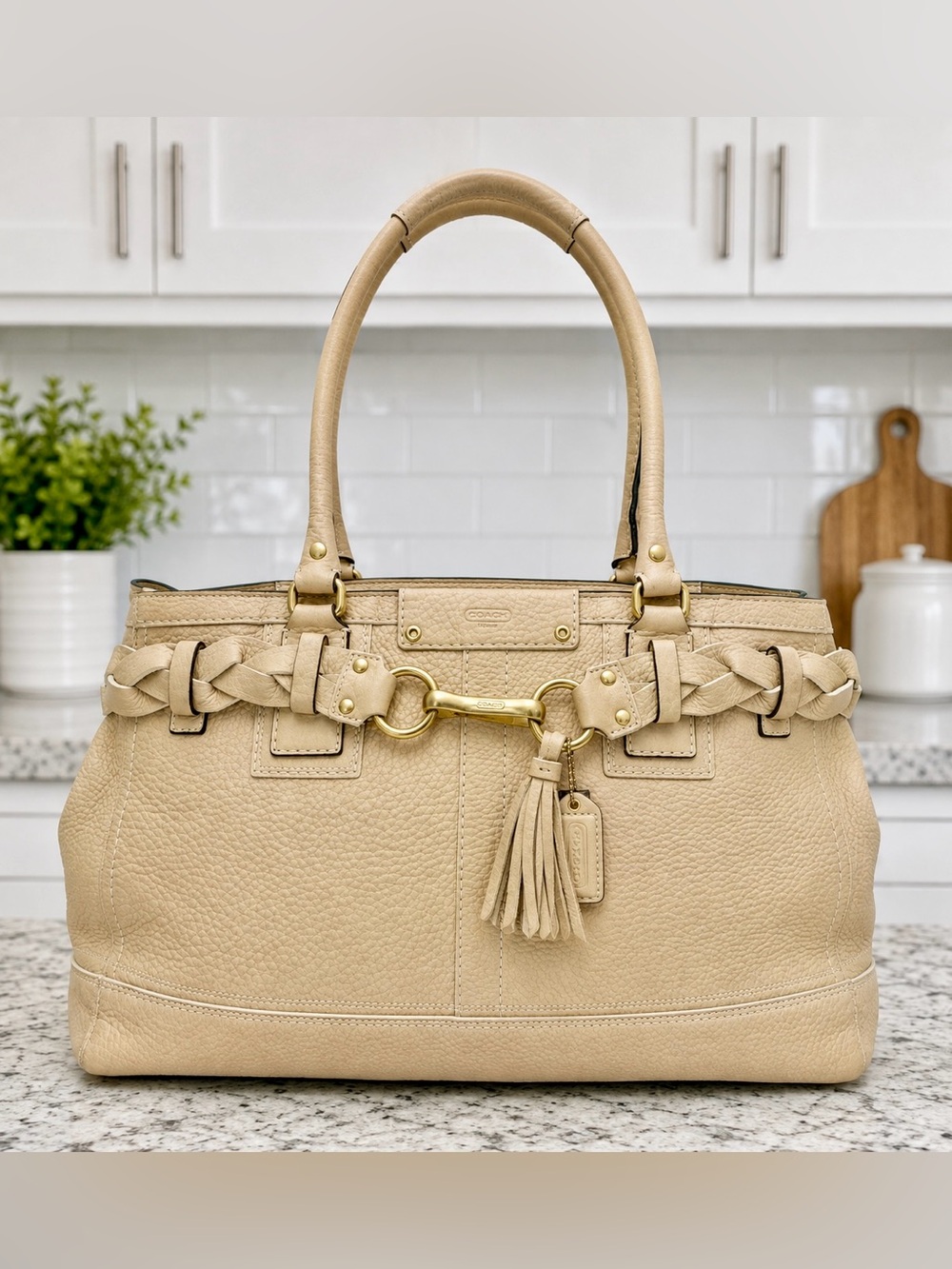 Coach Vintage Hampton Carryall XL Tote - Braided/Belted Beige Pebbled Leather